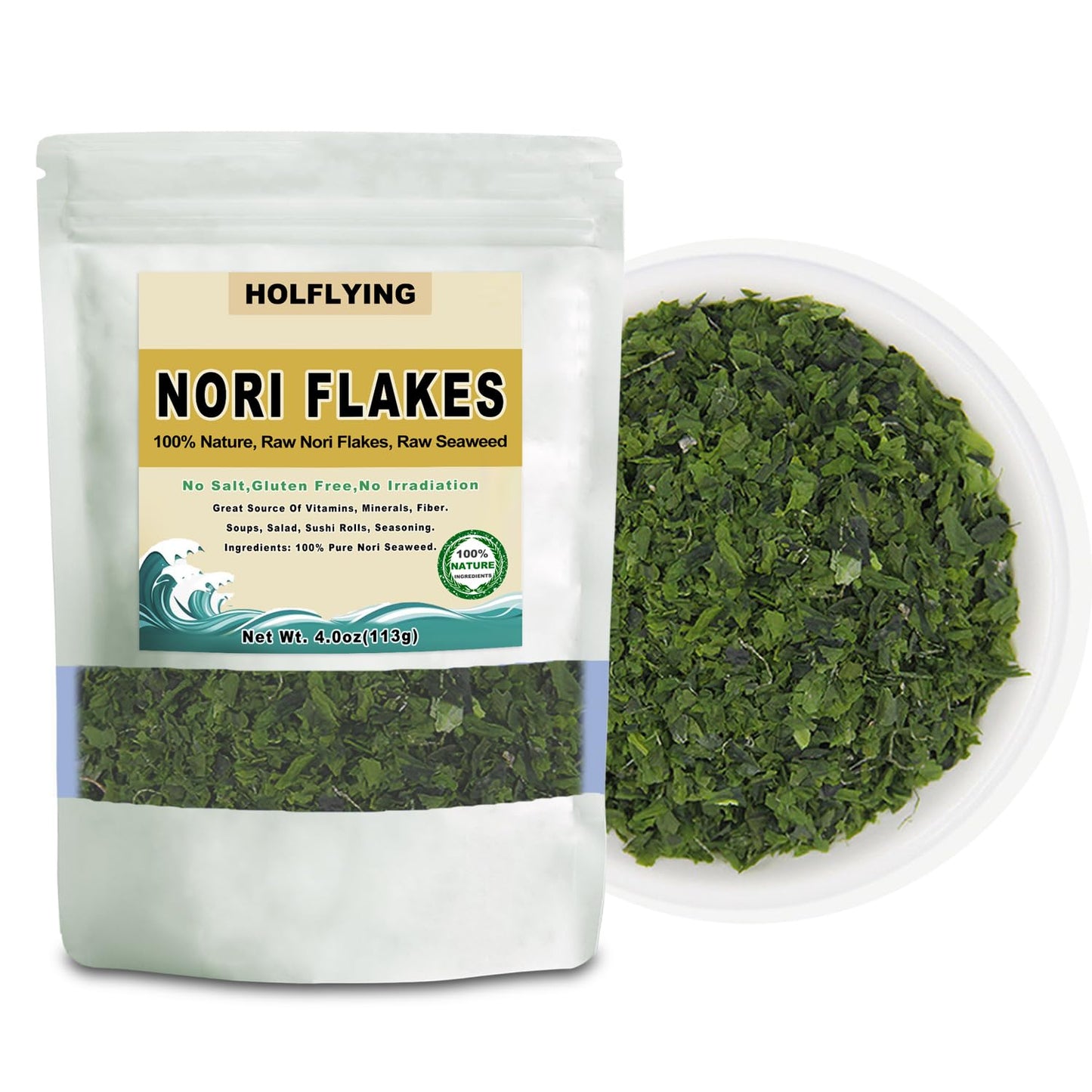Holflying 100% Natural Nori Flakes, Dried Nori Seaweed, Pure And Raw, 4.0Oz(113G)