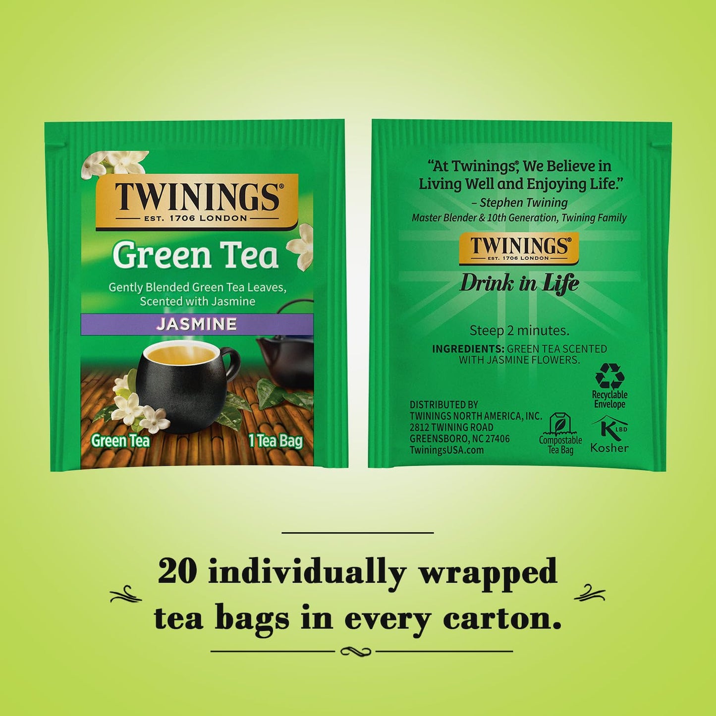 Twinings Green Tea with Jasmine, Caffeinated, 40 Count (Pack of 2), Individually Wrapped Bags