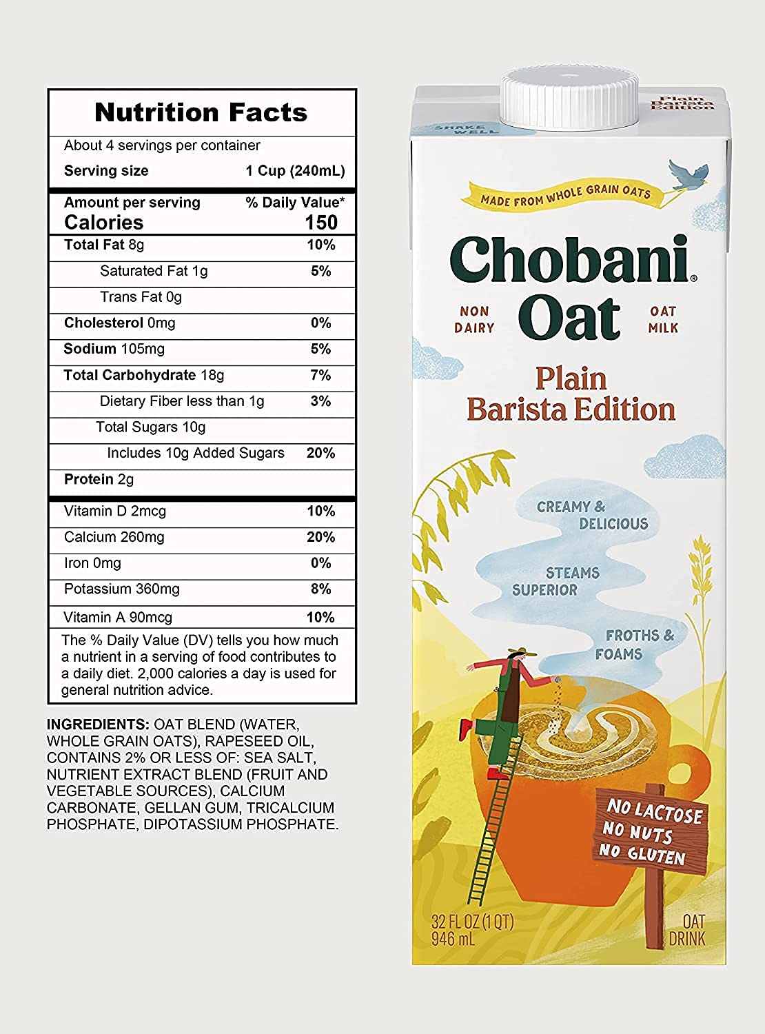 Chobani Oat Milk, Plain Oat Barista Edition, Shelf Stable Non Dairy Milk, Creamer, Vegan Friendly, Gluten-Free, 32 FL OZ (Pack-1
