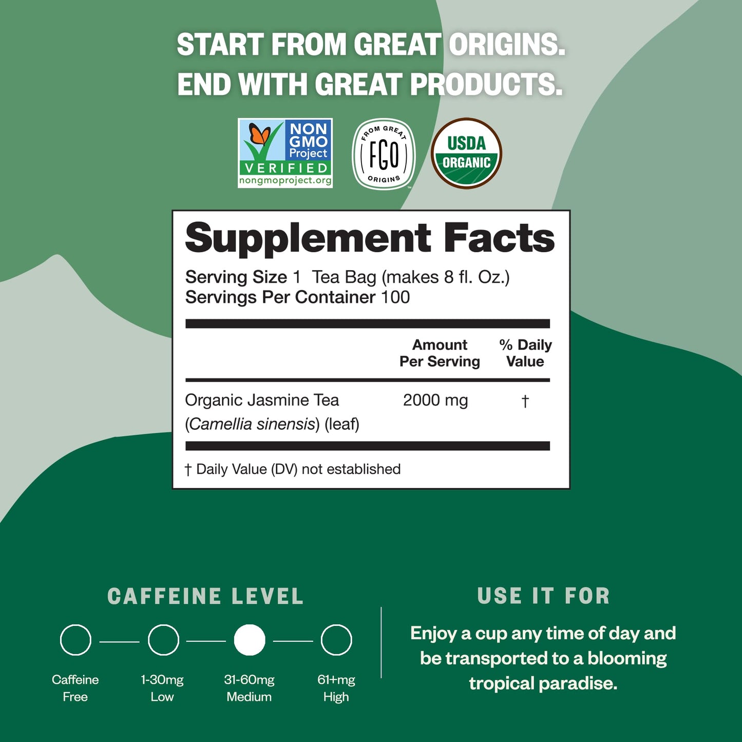 Fgo Organic Jasmine Green Tea, Eco-Conscious Tea Bags, 100 Count, Packaging May Vary (Pack Of 1)