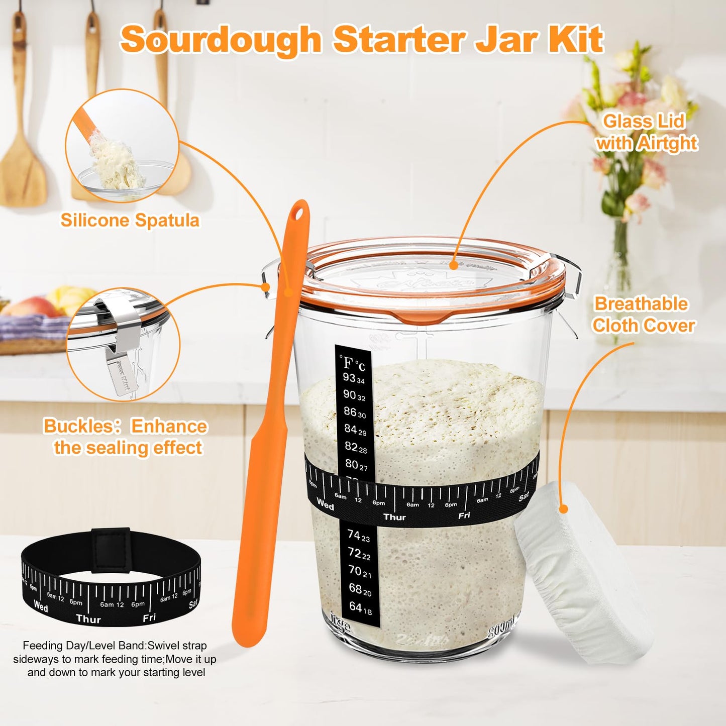 Sourdough Starter Kit, Sourdough Bread Baking Supplies, 9Banneton Bread Proofing Basket With Glass Sour Dough Starter Jar, Breads Scoring Tool,Breads Making Tools Gifts For Bakers Women Wife Mom