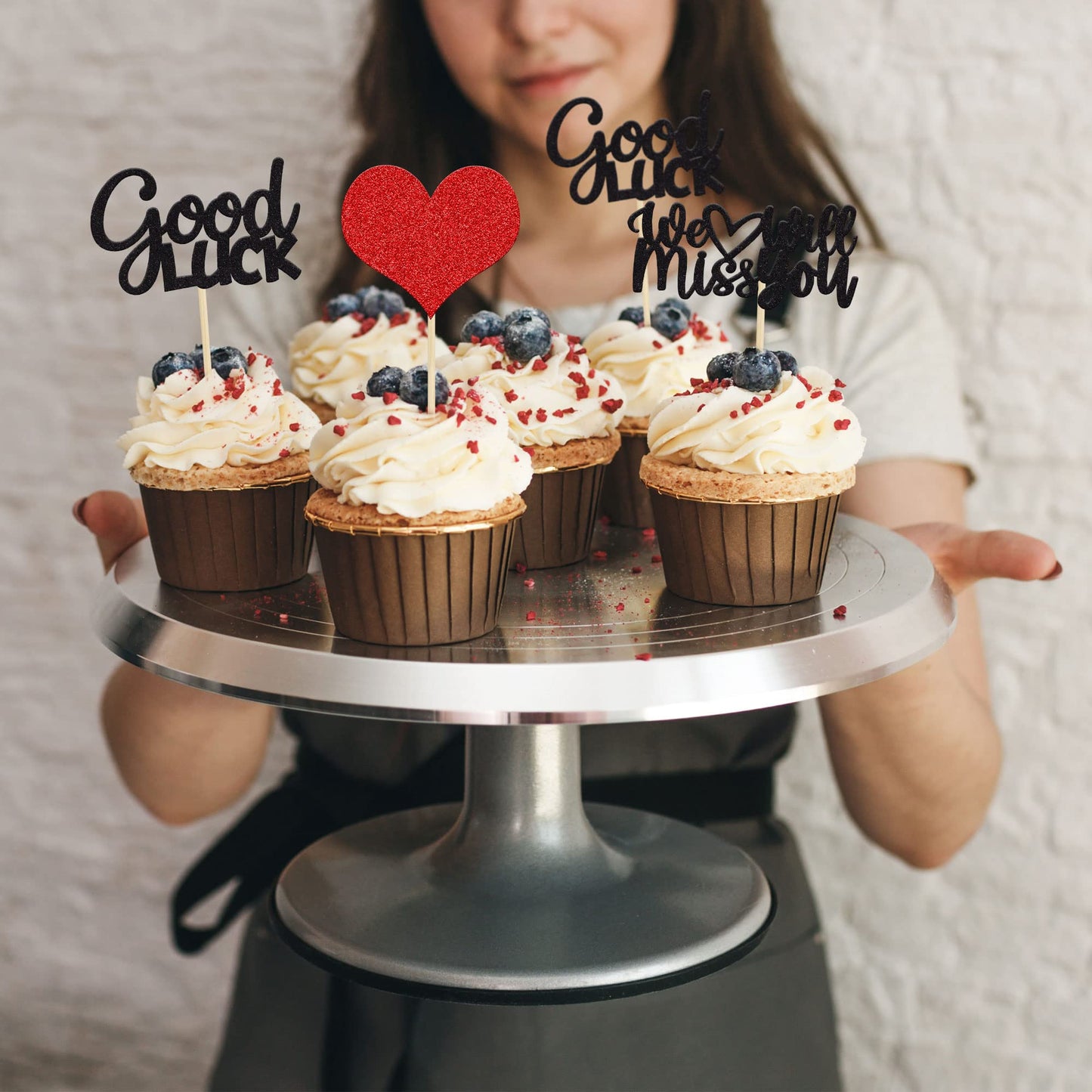 Gyufise 36Pcs We Will Miss You Cupcake Toppers Glitter Red Love Heart Good Luck Cupcake Picks For Retirement Theme Going Away Pa