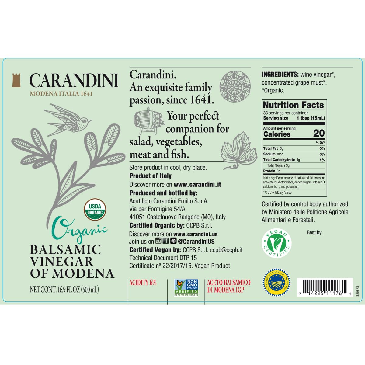 Carandini Silver Leaf Organic Balsamic Vinegar Of Modena Pgi, Gluten-Free, 16.9 Fl Oz
