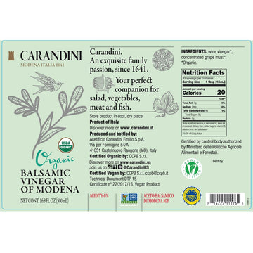 Carandini Silver Leaf Organic Balsamic Vinegar Of Modena Pgi, Gluten-Free | For Salad, Vegetables, Cheese - Pack Of 2, 16.9 Fl O