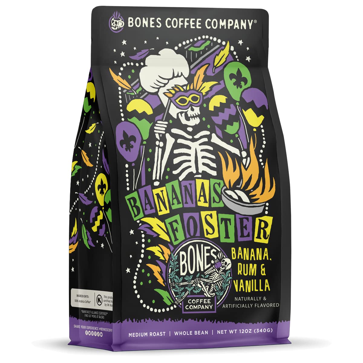 Bones Coffee Company Bananas Foster Whole Coffee Beans Banana Rum & Vanilla Flavor  Low Acid Flavored Coffee  Made with Arabica Coffee Beans  Medium Roast Gourmet Coffee (12 oz)