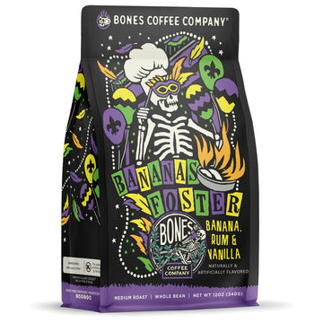 Bones Coffee Company Bananas Foster Whole Coffee Beans Banana Rum & Vanilla Flavor  Low Acid Flavored Coffee  Made with Arabica Coffee Beans  Medium Roast Gourmet Coffee (12 oz)