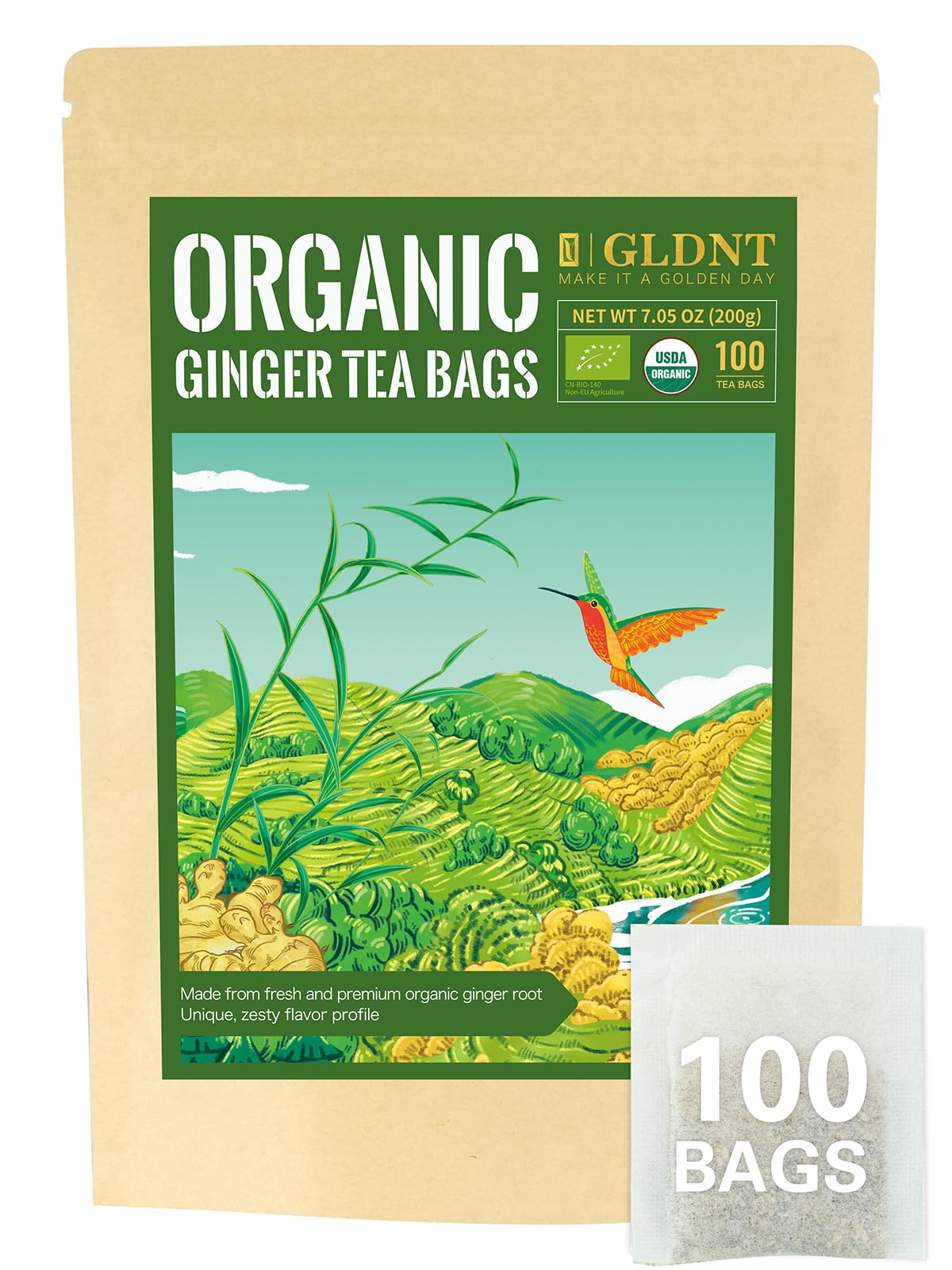 Gldnt Organic Flavor Blendger Tea Bags  Natural Organic Flavor Blendger Root Tea  Spicy & Zesty Flavor  Energy Blend Free  100 Count