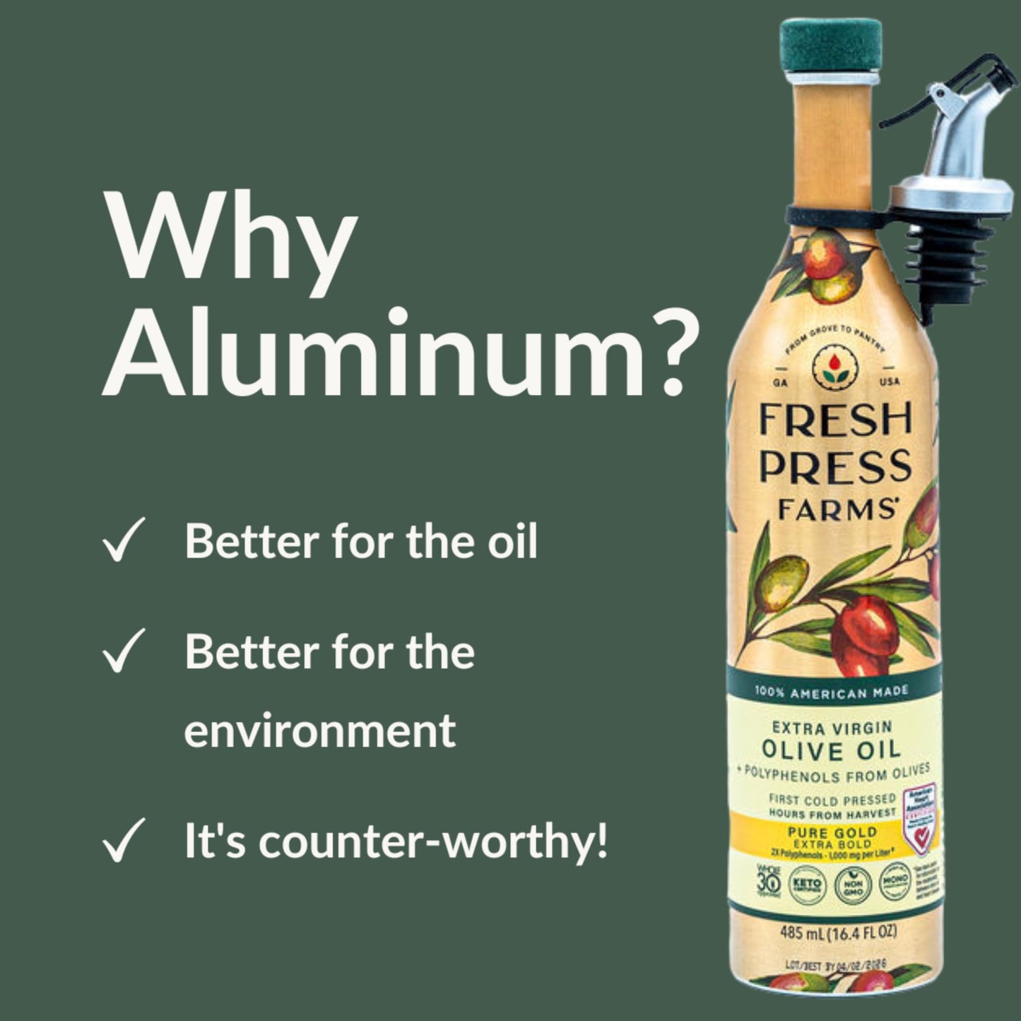 Fresh Press Farms Cold Pressed High Polyphenol Pure Gold Extra Virgin Olive Oil, 16.4 Fl Oz (Pack Of 2), Georgia Grown, 100% Ame