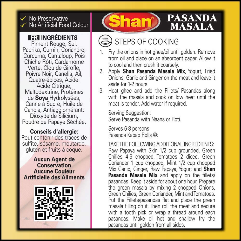 Shan Pasanda Recipe and Seasoning Mix - Spice Powder for Fillet Steaks in Creamy Sauce, 1.76 oz, Suitable for Vegetarians