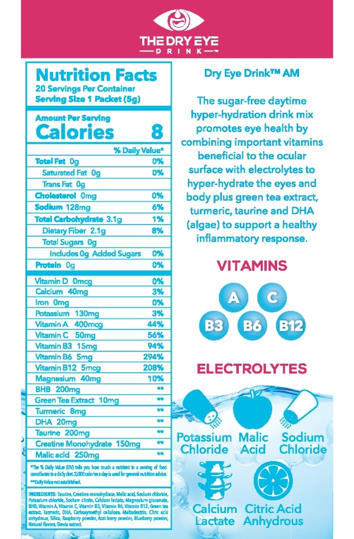 The Dry Eye Drink L Ultimate Hydration For Dry Eyes L Sugar-Free Electrolyte Powder Packets L Blended With Vitamins, Green Tea, Turmeric, Taurine, And Dha L 5G X 20 Packets (Mixed Berry Am/Pm)