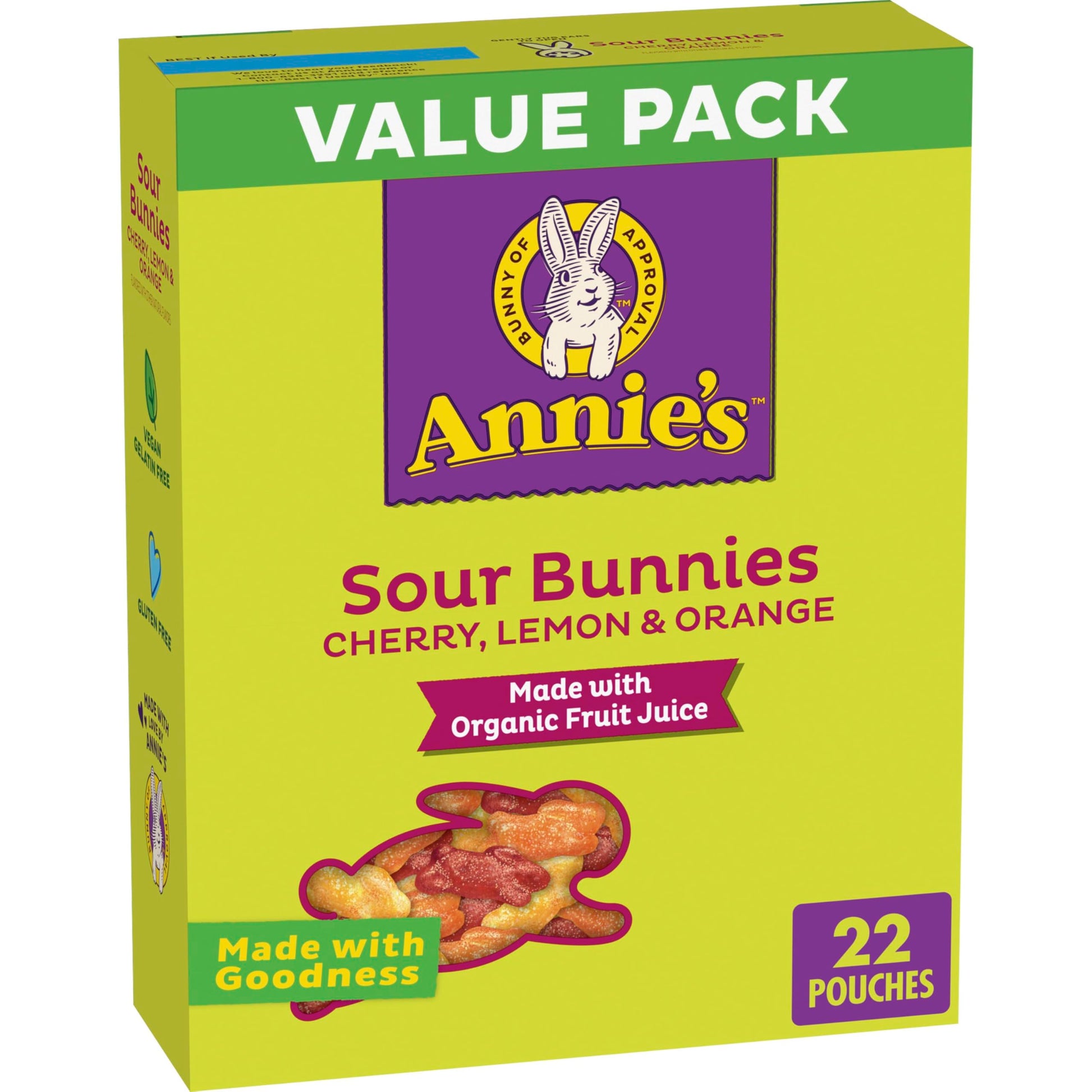 Annie's Sour Bunnies Fruit Flavored Snacks, Cherry, Lemon & Orange Flavors, Made With Organic Fruit Juice, Value Pack, 15.4 oz