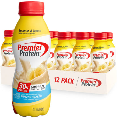 Premier Protein Shake, Bananas & Cream, 30g Protein, 1g Sugar, 24 Vitamins & Minerals, Nutrients to Support Immune Health, 12 Pa