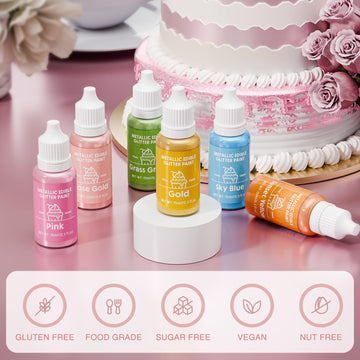 Edible Glitter Paint Set- 6 Color Food Coloring Metallic Glitter Paint For Baking, Cake Decorating - Food Grade Art Decorative C