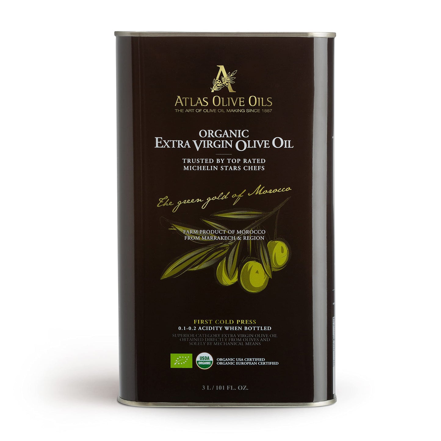 Atlas 3 LT Organic Cold Press Extra Virgin Olive Oil with Polyphenol Rich from Morocco|Newly Harvested Unprocessed from One Sing