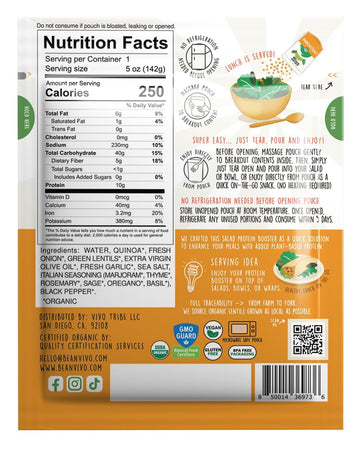 Beanvivo 6-Pack Salad Protein Booster - Organic Cooked Lentils & Quinoa With Garlic & Herbs, Delivering A Burst Of Taste And 10G