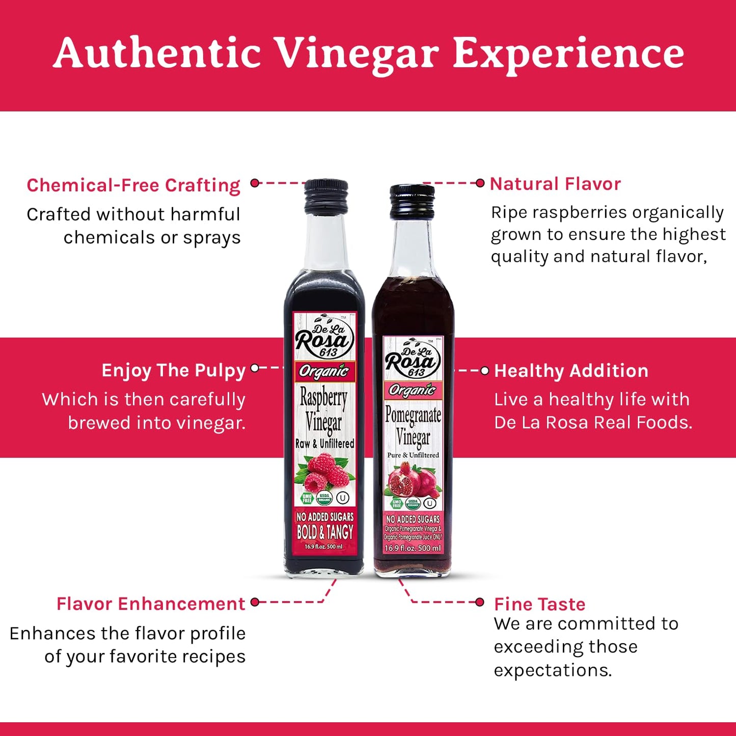 De La Rosa Organic Raspberry & Pomegranate Vinegar, Raw & Unfiltered, Vegan, Gluten Free & Kosher, Great For Organic Salad Dress
