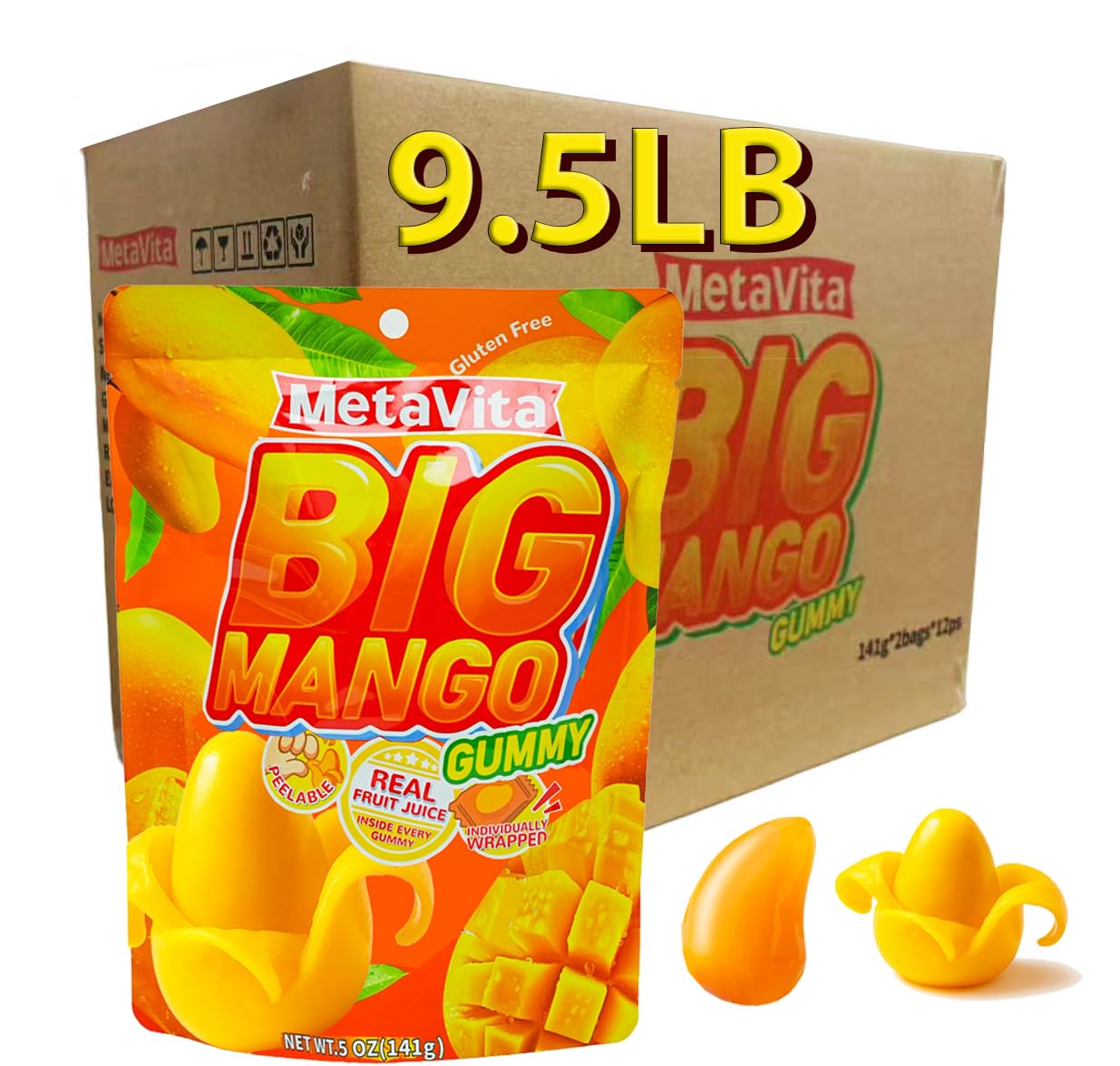 (24 Packs, 9.5LB) MetaVita Peelable Big Mango Gummy Candy - Individually Wrapped Fun Size Gummies for Halloween Candy, Trick-or-