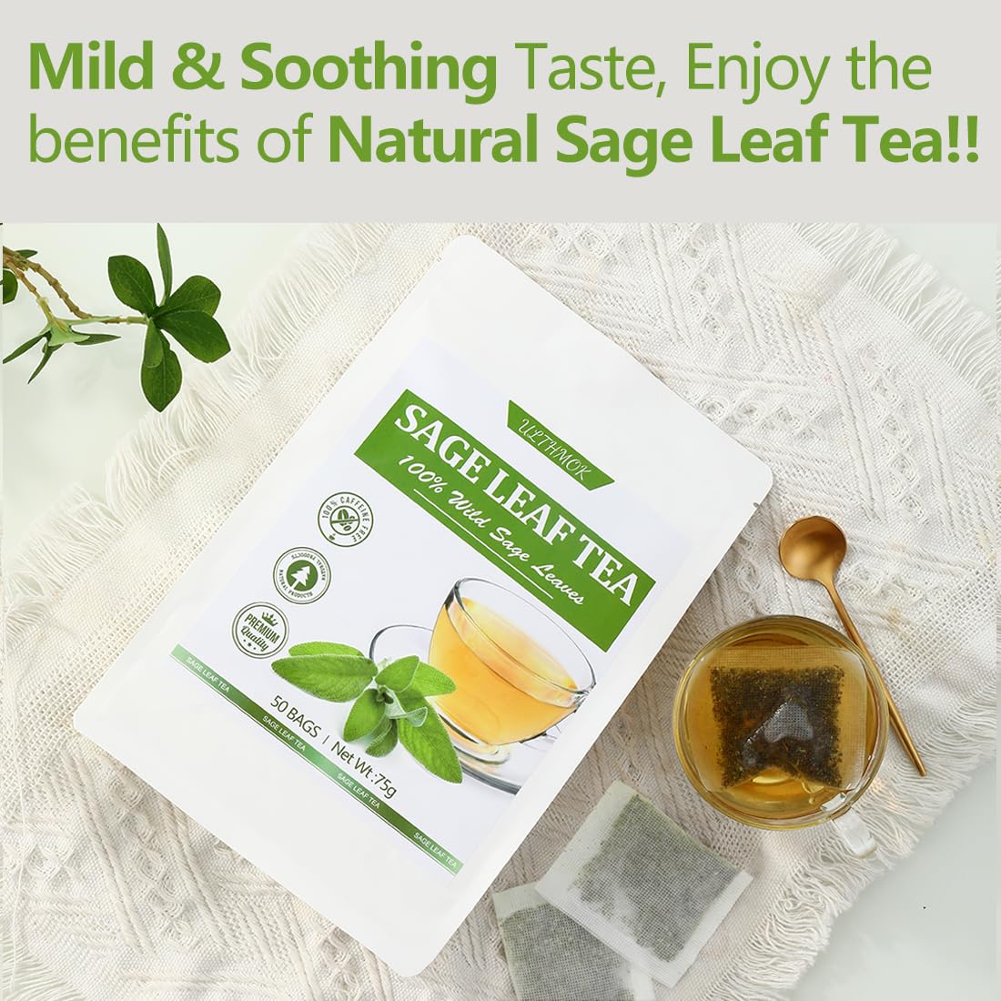 ULTHMOK Premium Sage Tea Bags, 100% Natural, Caffeine Free, 50 Count