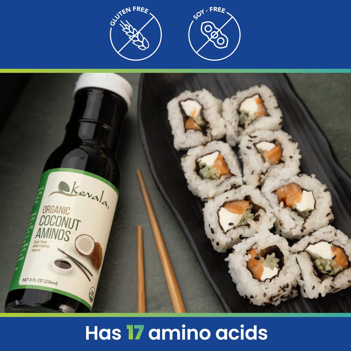 Kevala Organic Coconut Aminos - Low Sodium Soy Sauce Alternative, Liquid Seasoning, Non Gmo, Kosher, No Gluten, 64 Oz, 1/2 Gal