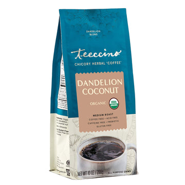 Teeccino Dandelion Coconut Herbal Coffee - Caffeine-Free, Gluten Free, Medium Roast, 10 oz