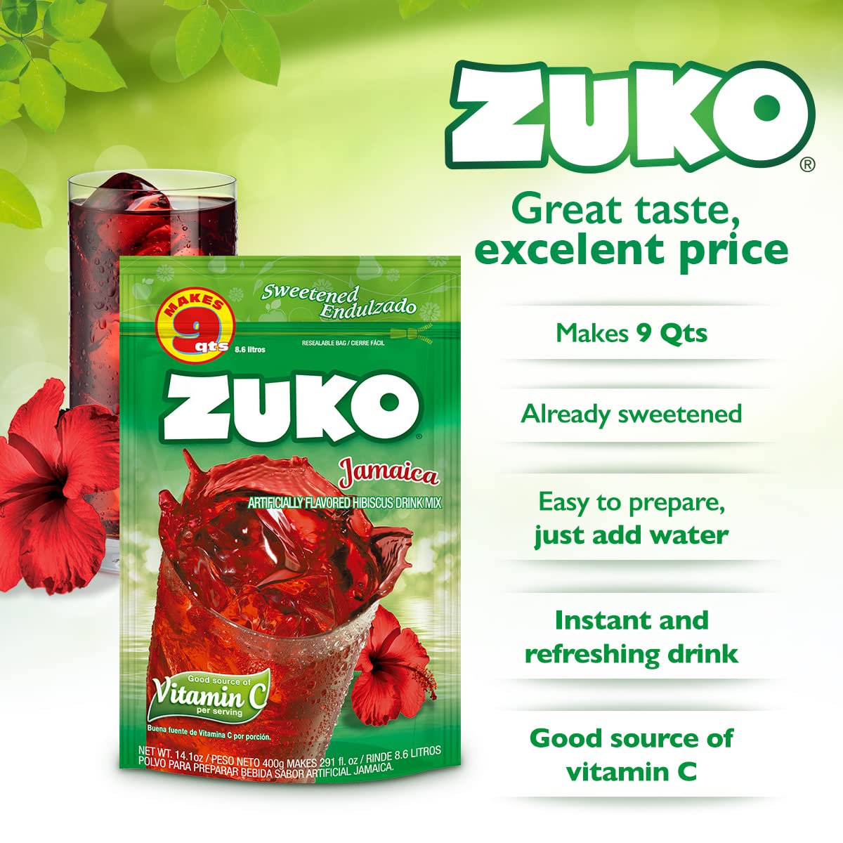 Zuko Jamaica Instant Powder Drink | Family Pack | No Sugar Needed | Vitamin C | 14.1 Ounce (Pack Of 6)