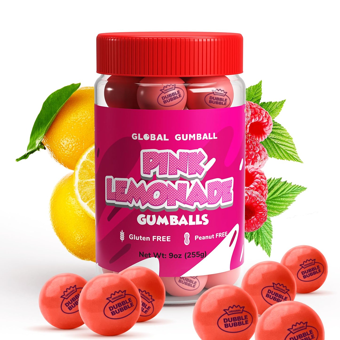 Gumballs in Jar - 1 Inch Large Gumballs - Pink Lemonade Flavored Bubble Gum Pink Gumballs - Kids Gum - Gumballs for Kids - 9 OZ