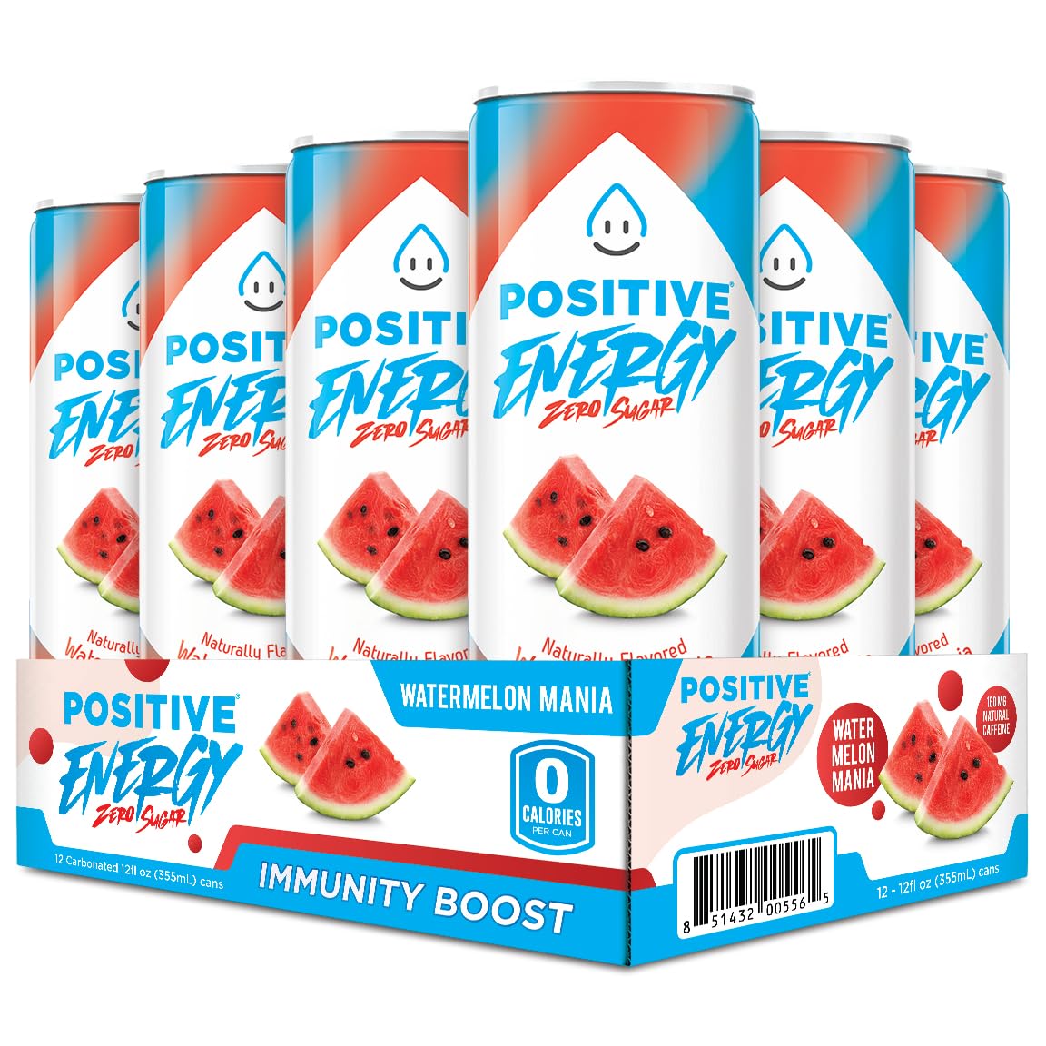 POSITIVE ENERGY Beverage - Zero Sugar Energy Drink, 12 oz Can, Pack of 12, Supports Hydration and Immunity