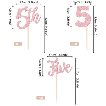 24 Pcs 5Th Birthday Cupcake Toppers Glitter Five Birthday Cupcake Picks Number 5 Cake Toppers For Baby Shower Kids 5Th Birthday