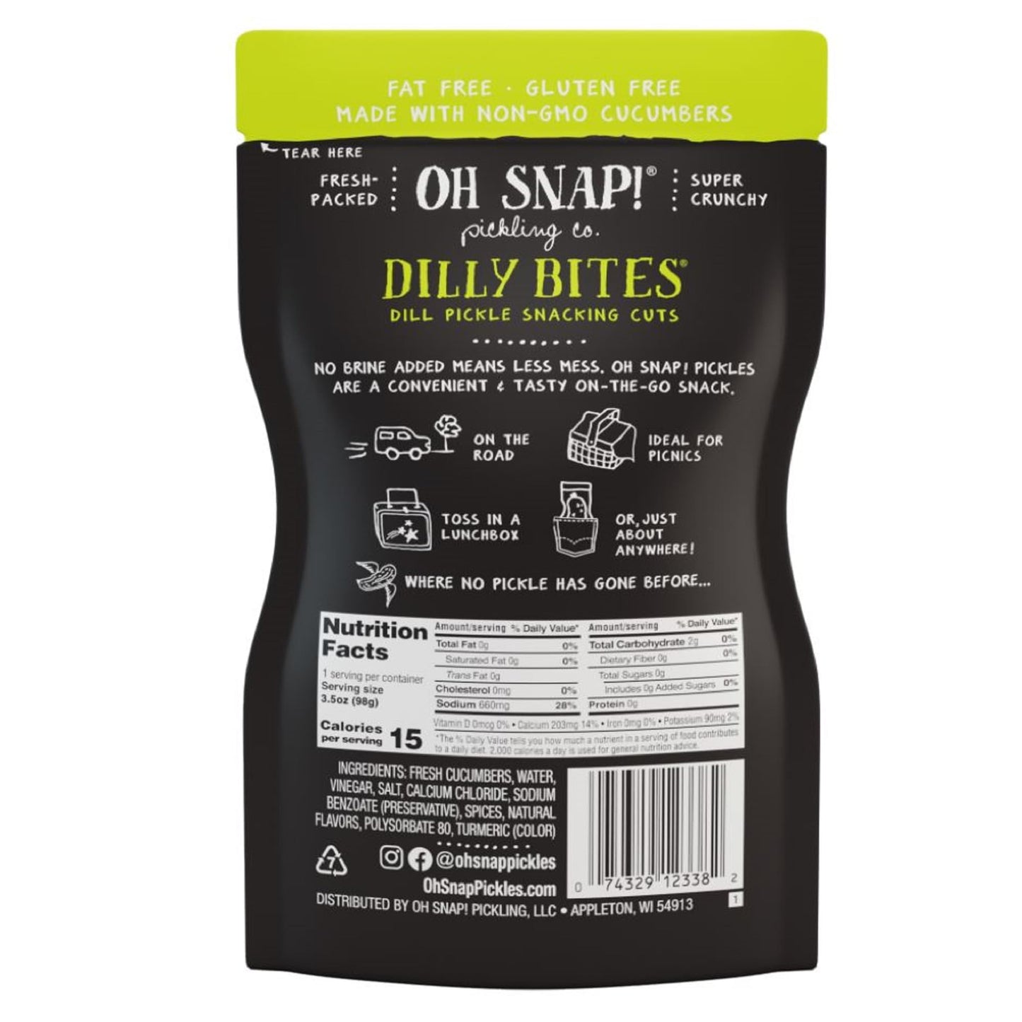OH SNAP! Dilly Bites (12 Pack) - Dill Pickle Snacking Cuts - Fresh Packed Ready To Eat Pickle Bites - Gluten-Free, Fat-Free & Ma