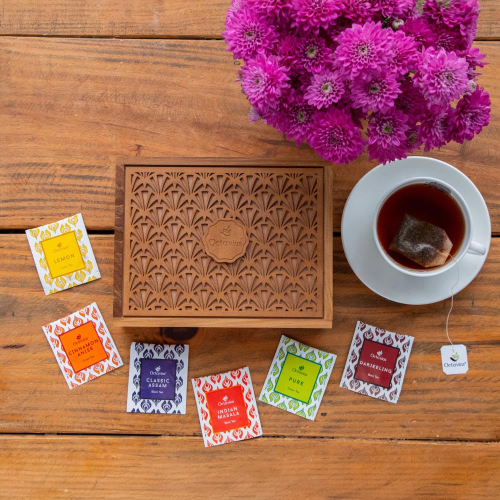 Octavius Tropical Palm Cutwork Wooden Tea Sampler Box | Enhanced Black & Green Tea Gift Set | 6 Flavors, 90 Tea Bags | Elegant Teas Gift Box For Tea Lovers