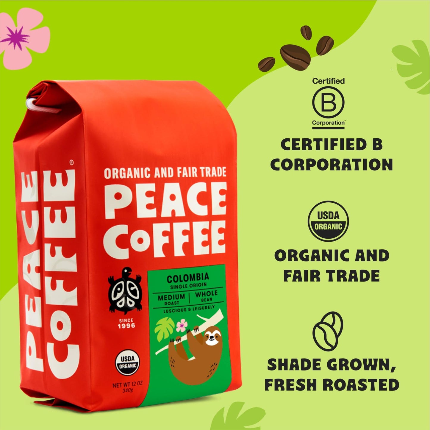 Peace Coffee Colombia Single Origin Coffee | 20 Oz Ground Medium Roast | Organic Fair Trade | Smooth, Crisp Flavor | Shade Grown, Fresh Roasted