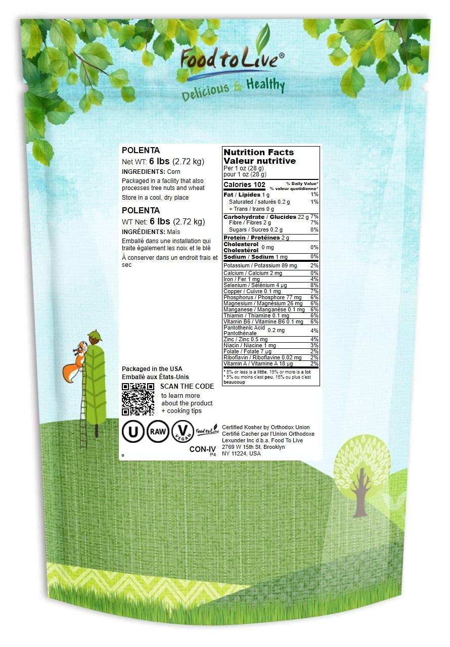 Food To Live Yellow Polenta, 6 Pounds - Finely Ground Cornmeal. Product Of Italy. Easy To Cook. Creamy, Smooth Texture. Rich In