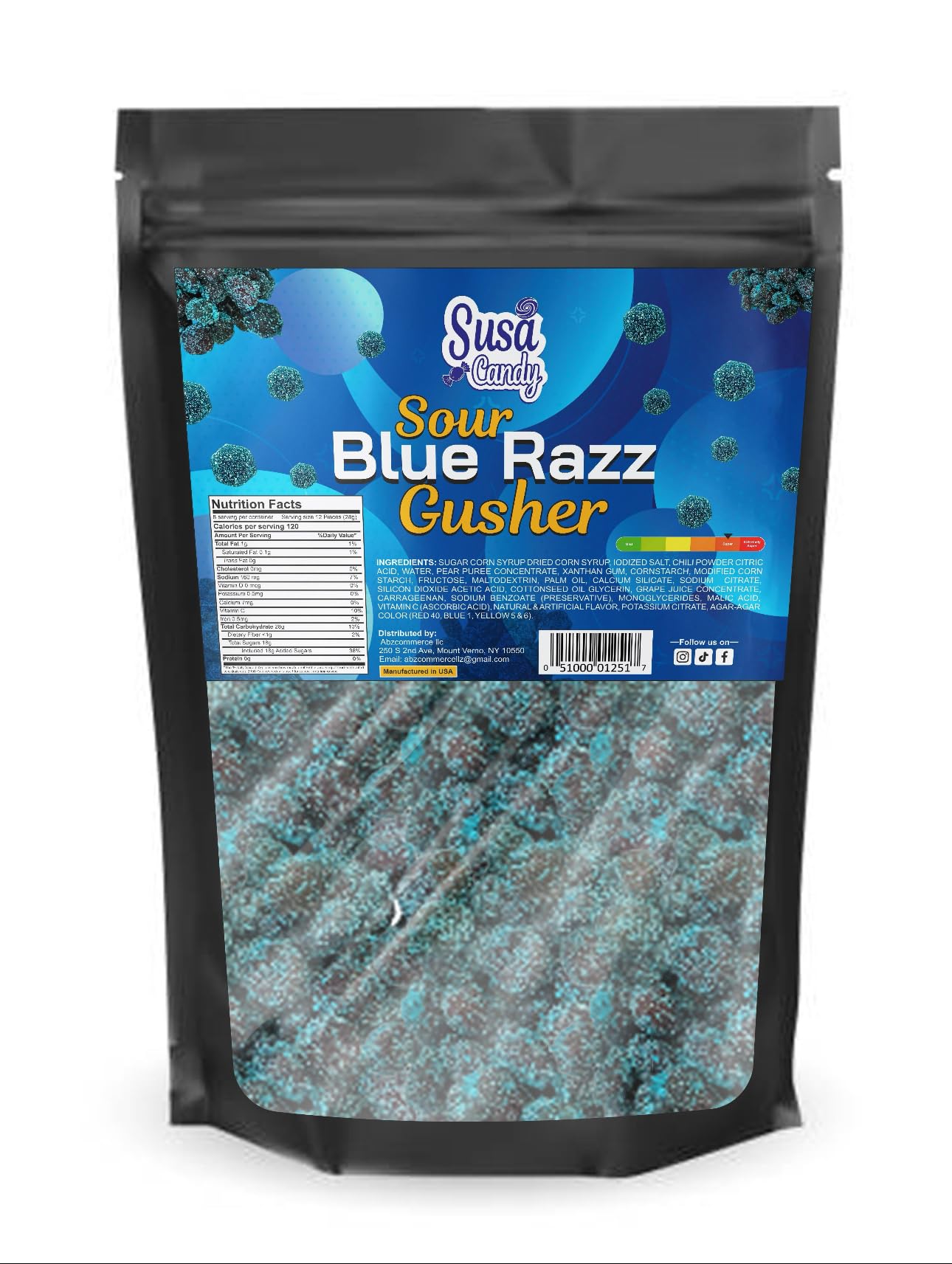 Generic Sour Blue Raspberry Gushers Candy - Extremely Sour Gummies, 16 Ounces, Blue, Black, and White