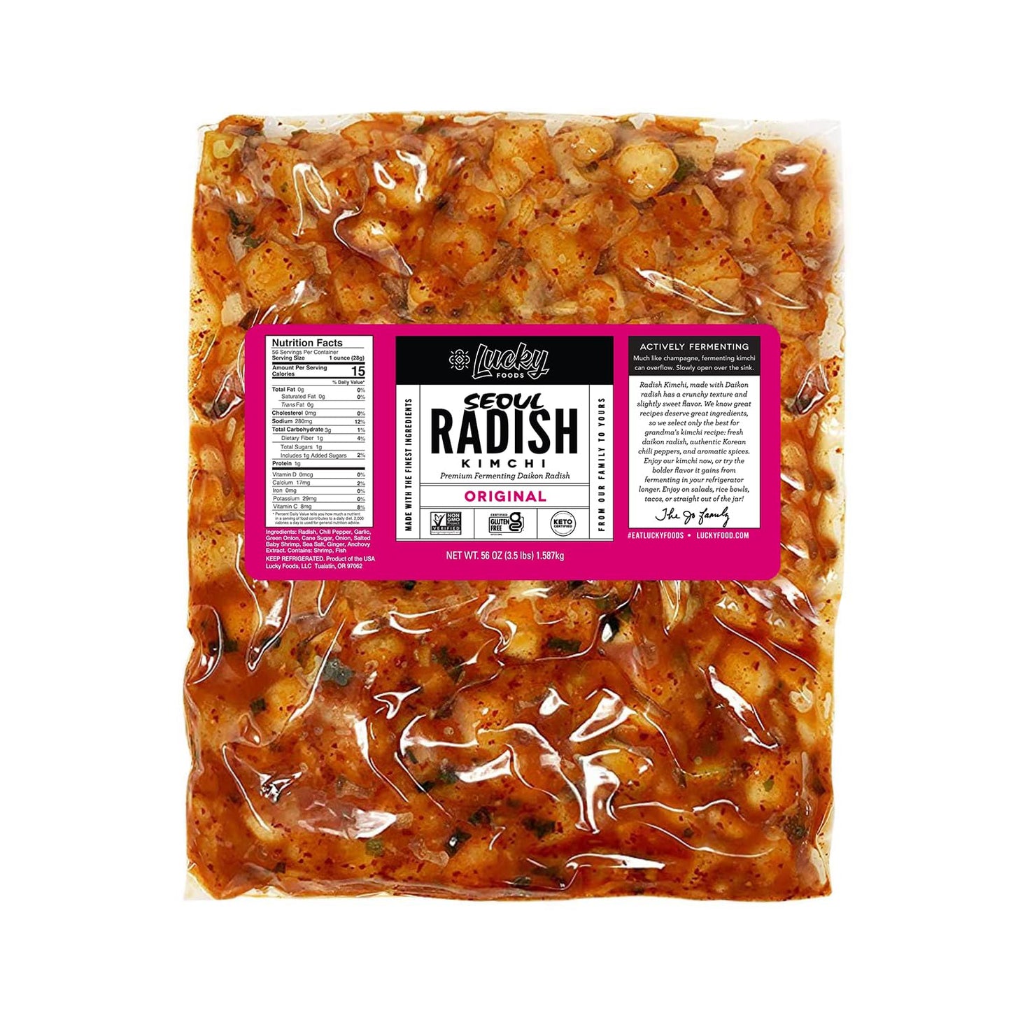 Lucky Foods Seoul Radish Kimchi Original, (56oz / 3.5 lbs), Authentic Korean Premium Fermented Kimchi, (Pack of 1) (Made in USA)
