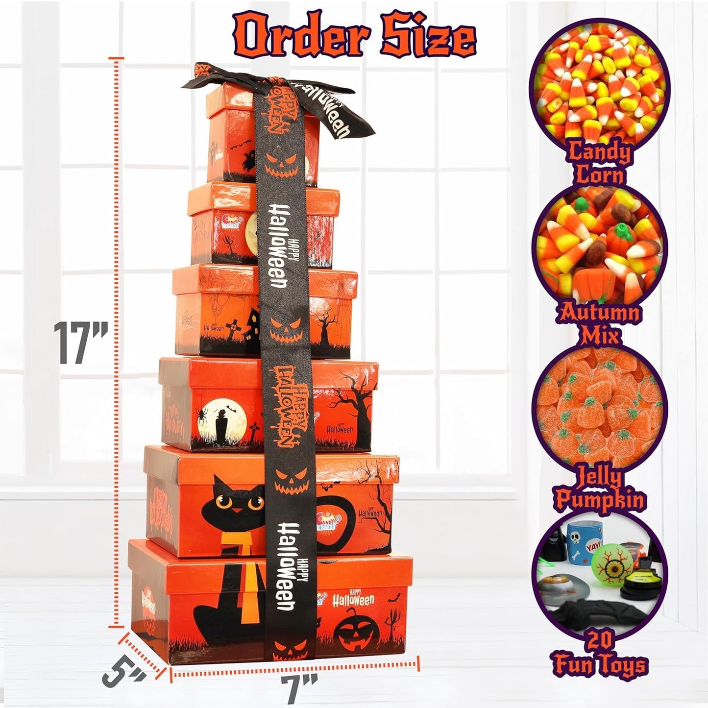 Sarahs Candy Factory Halloween Tower Box With Ribbon – 6 Tier Gift Box With Candy Corn, Autumn Mix, Indian Candy Corn, Jelly Pumpkins And 20 Fun Toys, Individually Wrapped Treat Packs