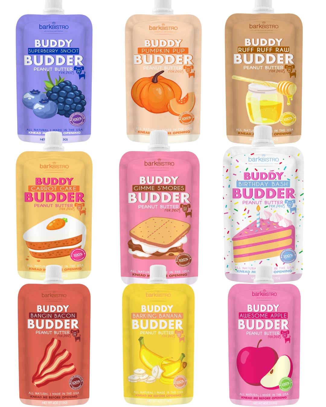 BUDDY BUDDER Dog Peanut Butter, 9 Pack Mixed Flavors, 4oz Pouches Dog Peanut Butter, Made in USA