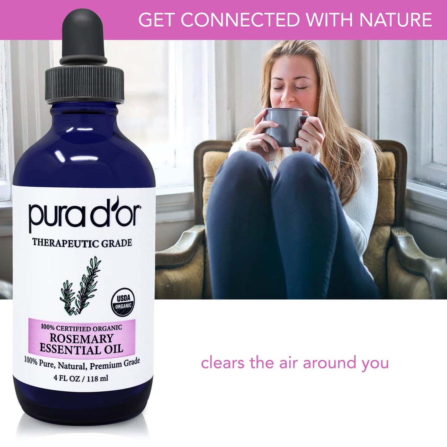 Pura D'Or Organic Rosemary Essential Oil (4Oz With Glass Dropper) 100% Pure & Natural Therapeutic Grade For Hair, Body, Skin, Ar
