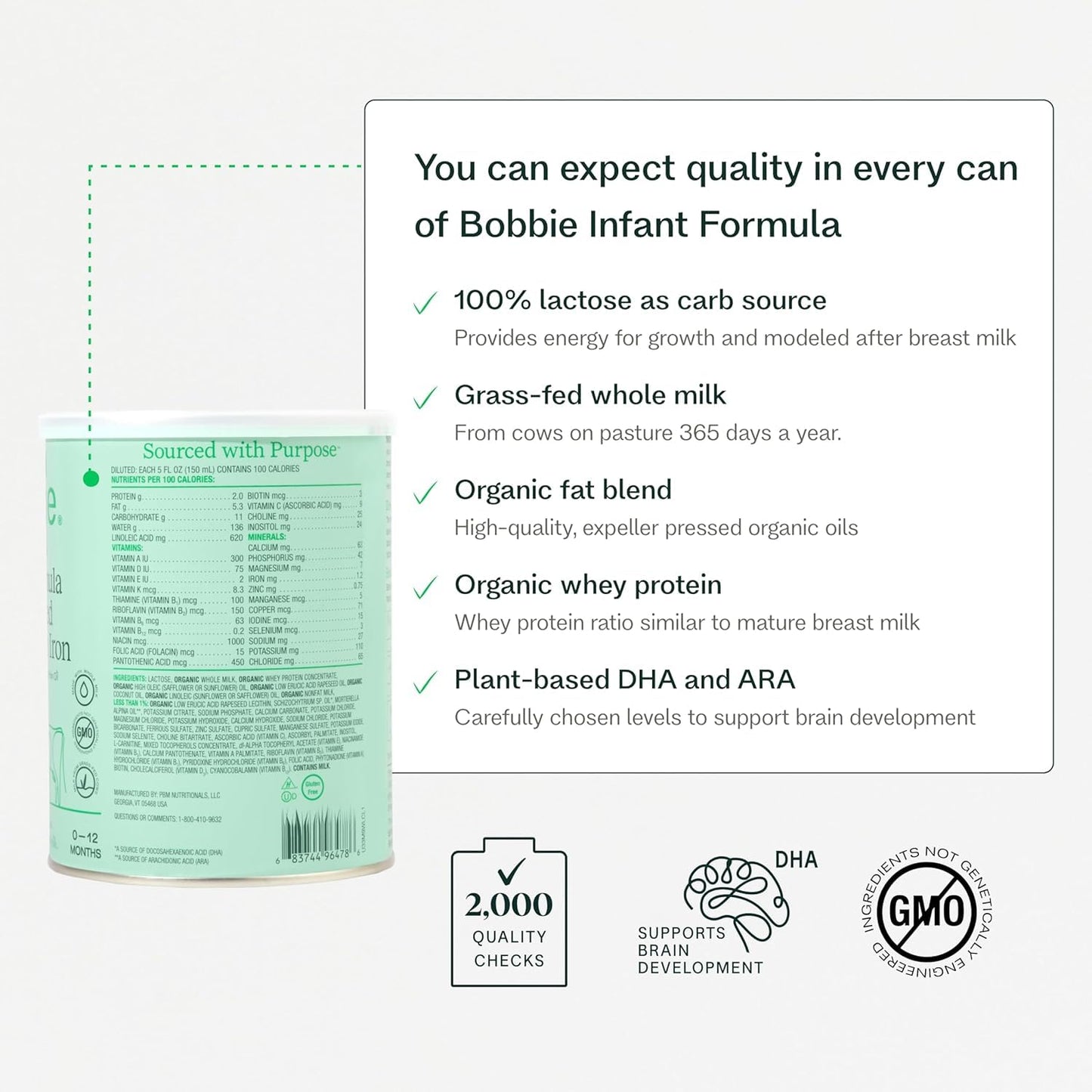 Bobbie Whole Milk, Grass Fed Infant Formula, Milk-Based Powder With Iron, Plant Based Dha & Ara, Vitamin D And Protein Blend Mod