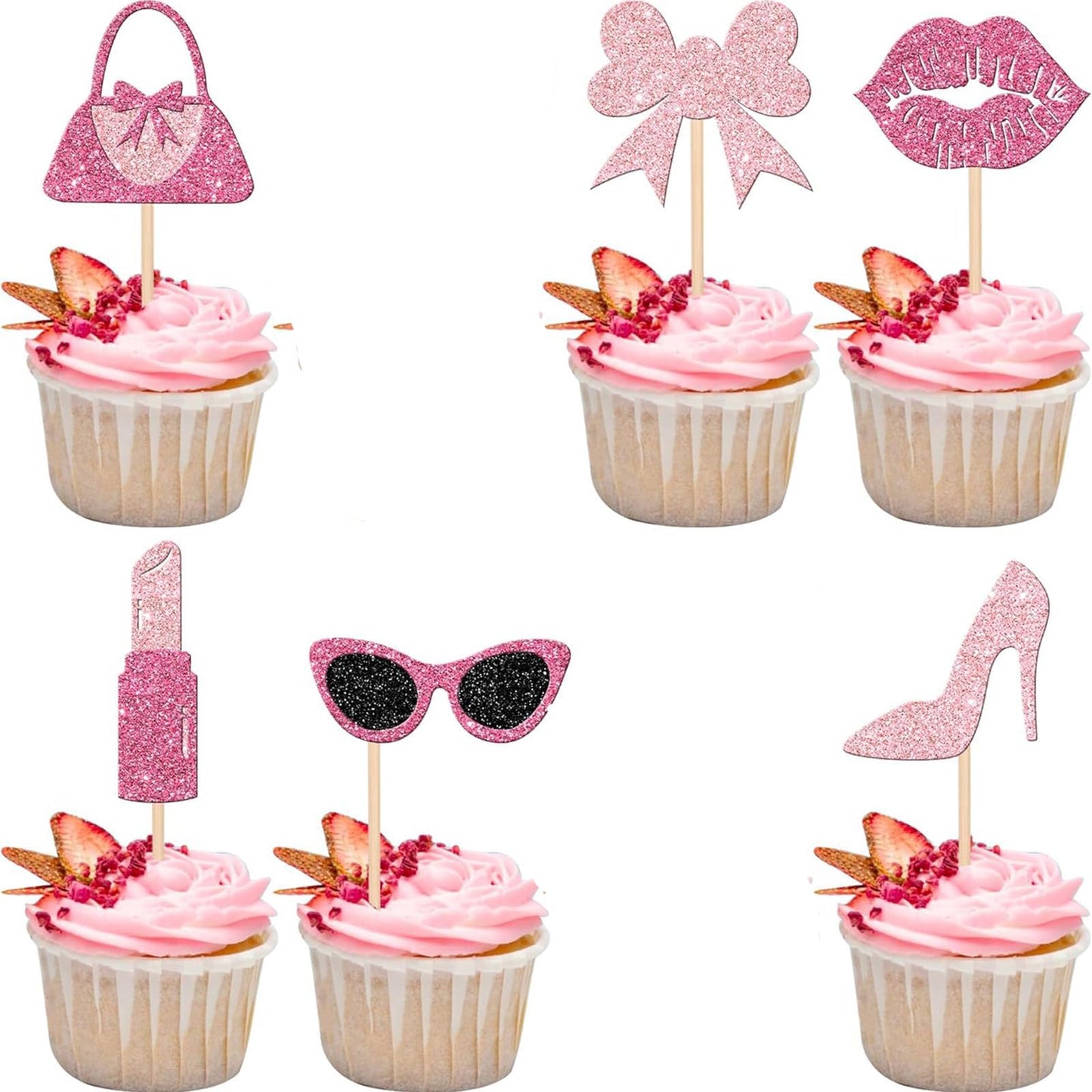 24 Pcs Princess Cupcake Toppers Pink Girl Cupcake Toppers Picks Handbag Glasses Bow Lipstick Tie High Heel Cake Decorations For 