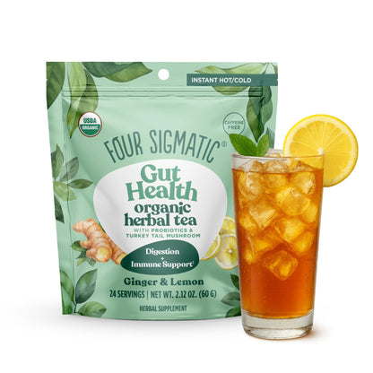 Four Sigmatic Gut Health Organic Herbal Tea | Organic Lemon Ginger Tea with Probiotics & Turkey Tail Mushroom | Instant Digestiv