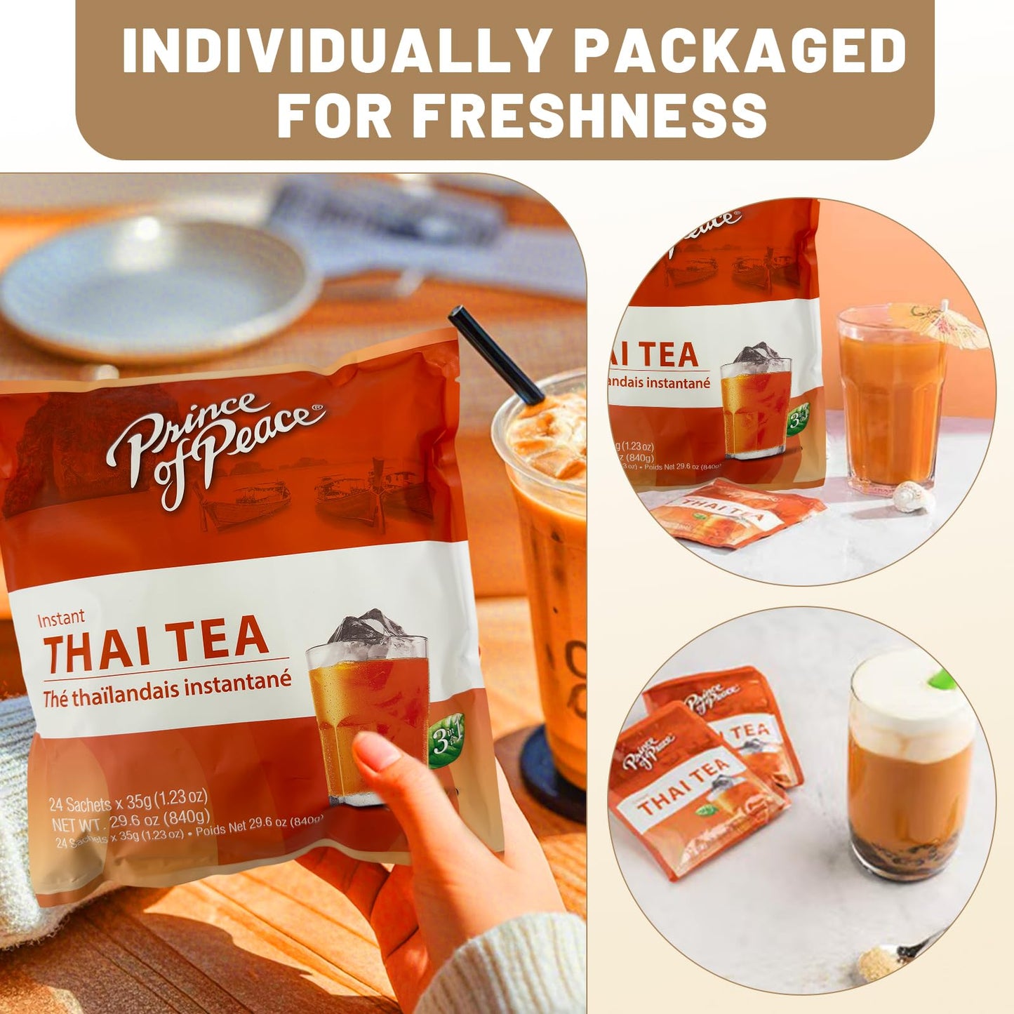 Prince Of Peace 3 In 1 Instant Thai Tea Beverage, 24 Sachets Value Size - Instant Hot Or Cold Beverage - Easy To Brew - Made Wit