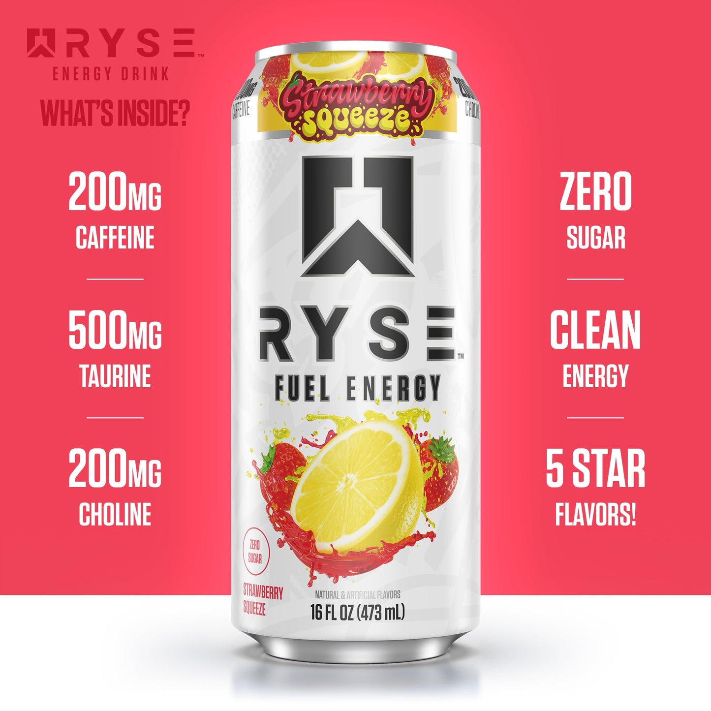 RYSE Fuel Energy Drink - Strawberry Squeeze - Sugar Free & Vegan - 200mg Caffeine - 16 Fl Oz Cans (12-Pack)
