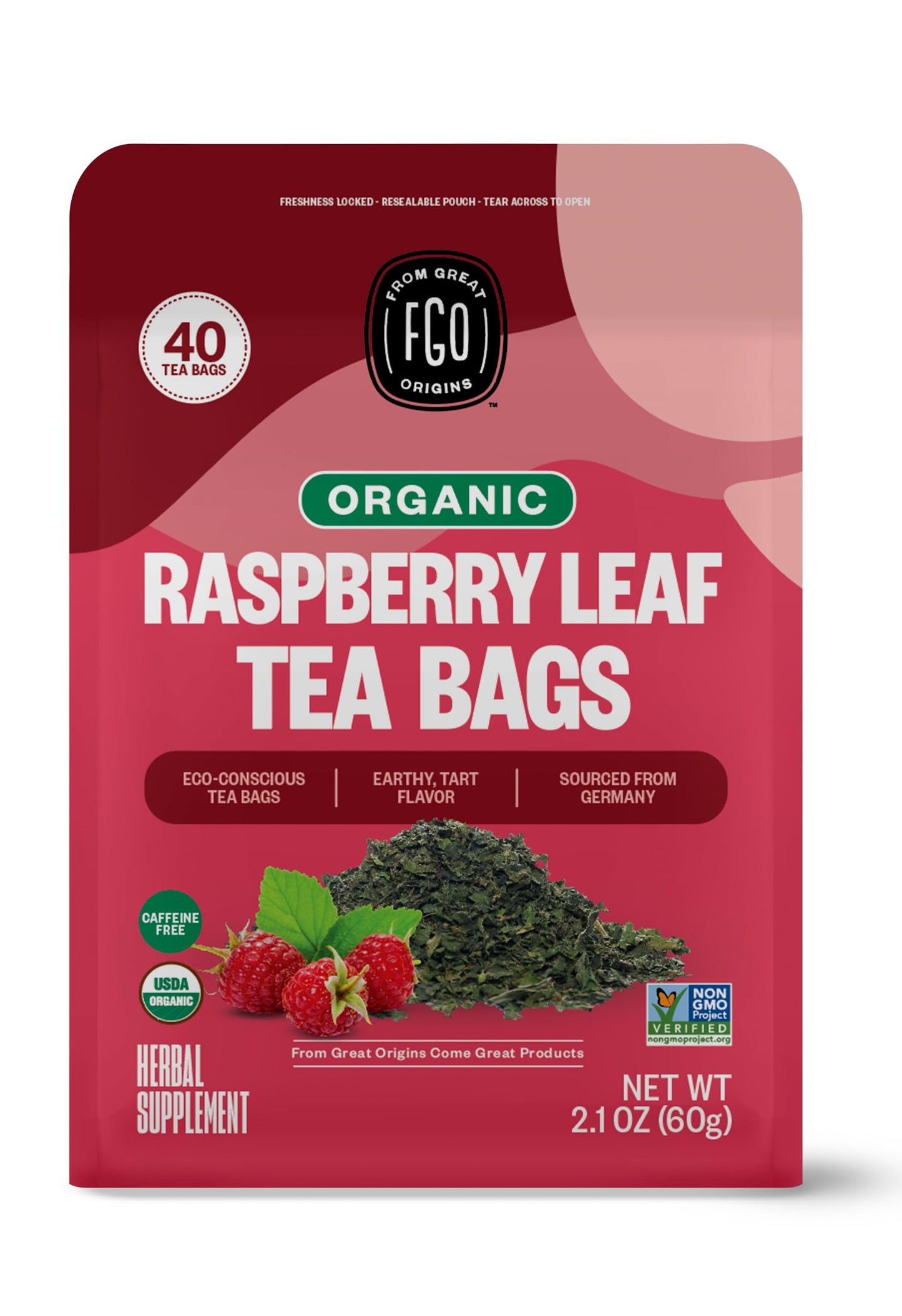 FGO Organic Red Raspberry Leaf Herbal Tea Bags, Caffeine Free, 40 Count, Eco-Conscious Packaging