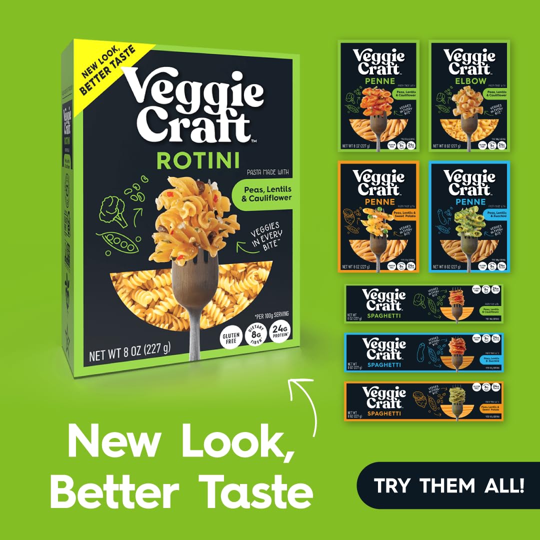 Veggiecraft Farms Rotini Pasta - NEW IMPROVED RECIPE - Protein Pasta, Lentil Pasta w/Cauliflower & Peas, High Protein Noodles, L