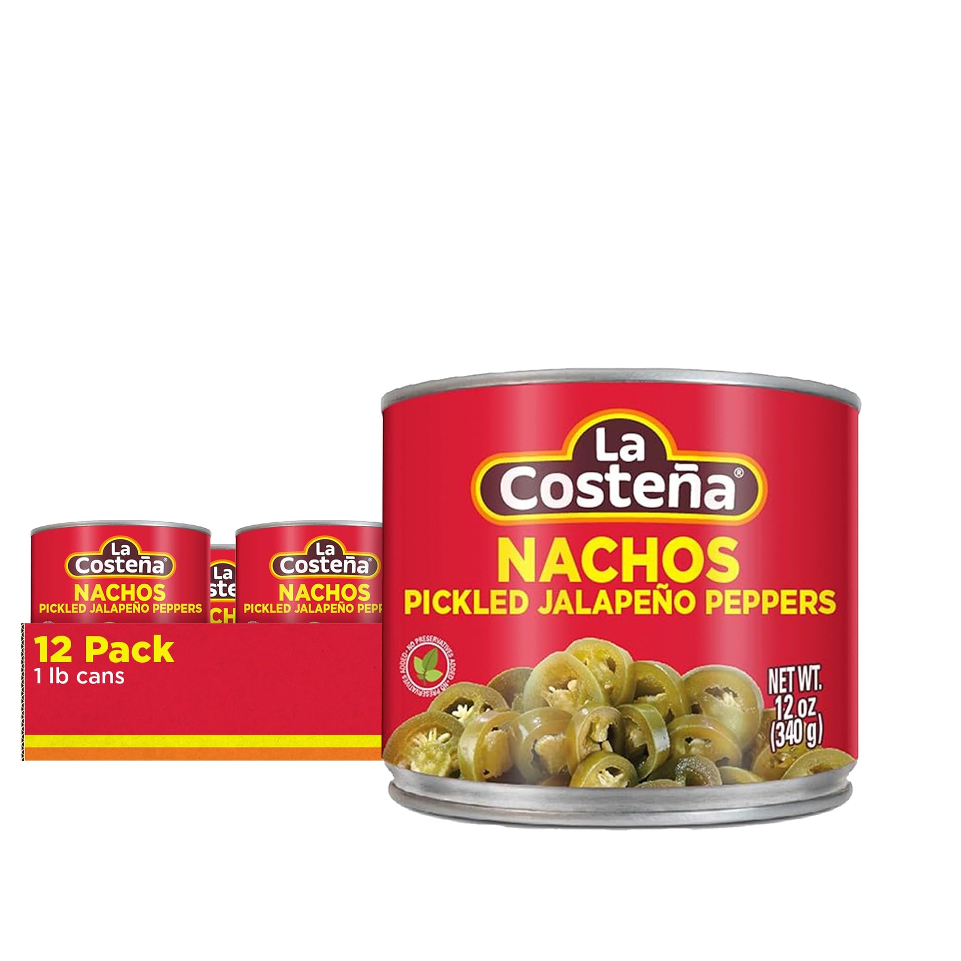 La Costeña Nacho Sliced Jalapeño Peppers, Pickled Green Hot, 1 Pound Can, Pack of 12