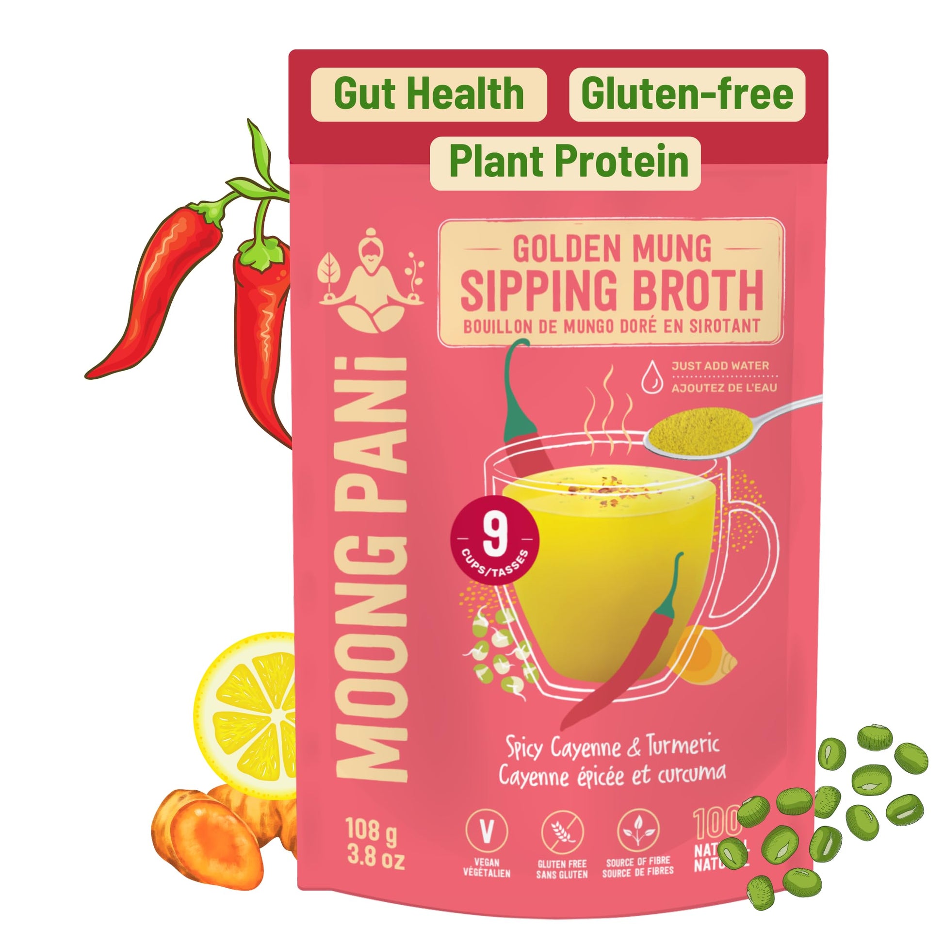 MOONG PANI Vegetable Broth Soup Powder (Spicy Cayenne Chili Pepper Turmeric) Gluten-Free, Detox, Natural, Lower Sodium, Vegan, K