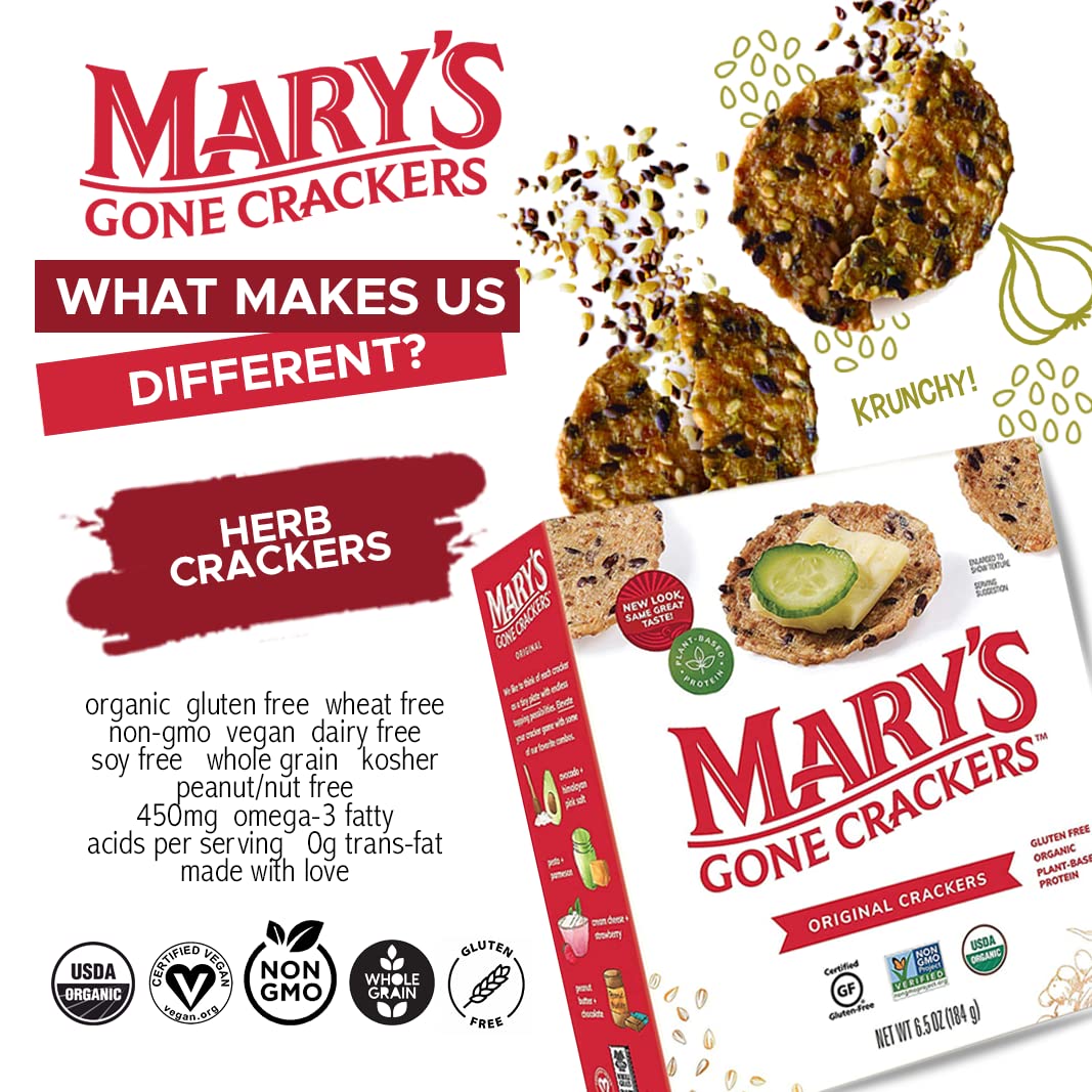 Mary'S Gone Crackers Original Crackers, Organic Brown Rice, Flax & Sesame Seeds, Gluten Free, 6.5 Ounce (Pack Of 1)