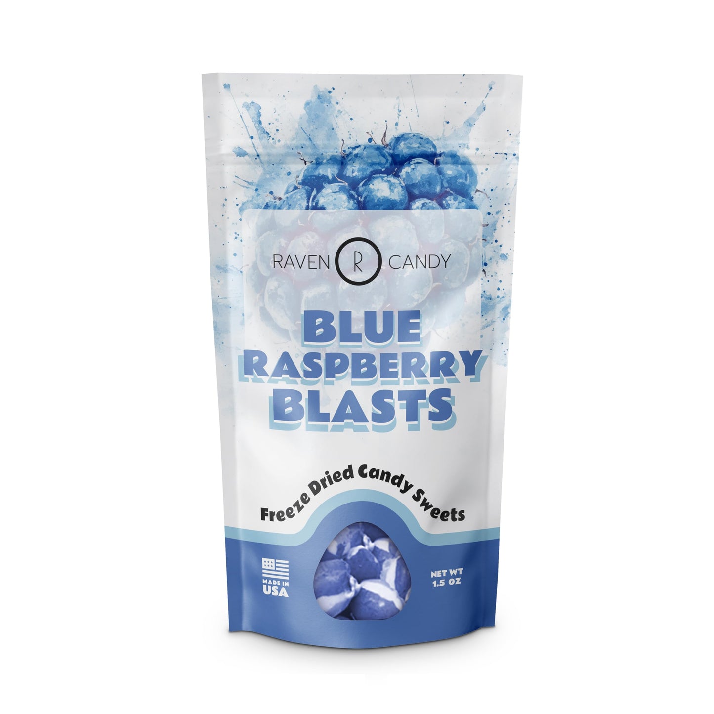 Raven Candy Blue Raspberry Blasts Freeze Dried Candy 1.5 oz | Crunchy & Zesty | Perfect for On-The-Go Snacking | Light & Airy Sw