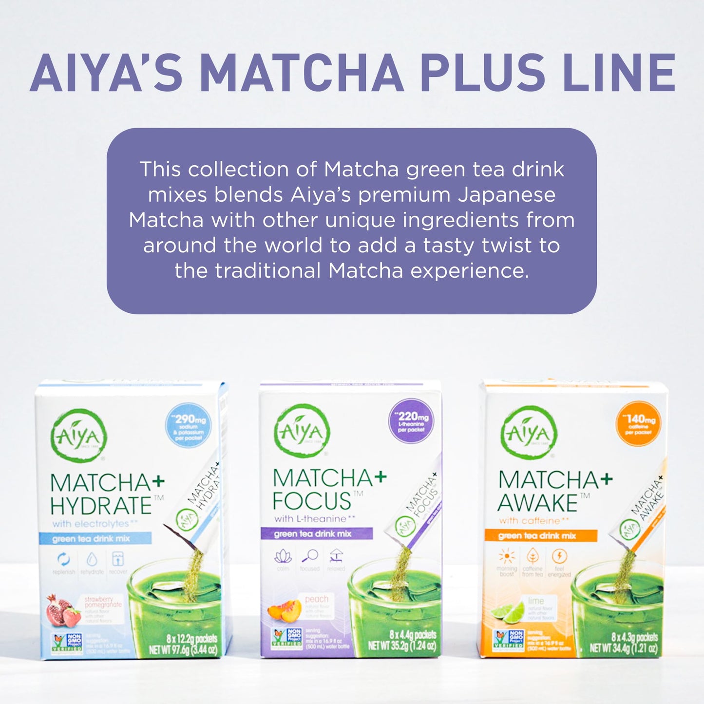 Aiya Matcha+ Focus - Peach Flavored Matcha Drink Mix With L-Theanine - 220Mg L-Theanine - Natural Focus Booster - Premium Japane