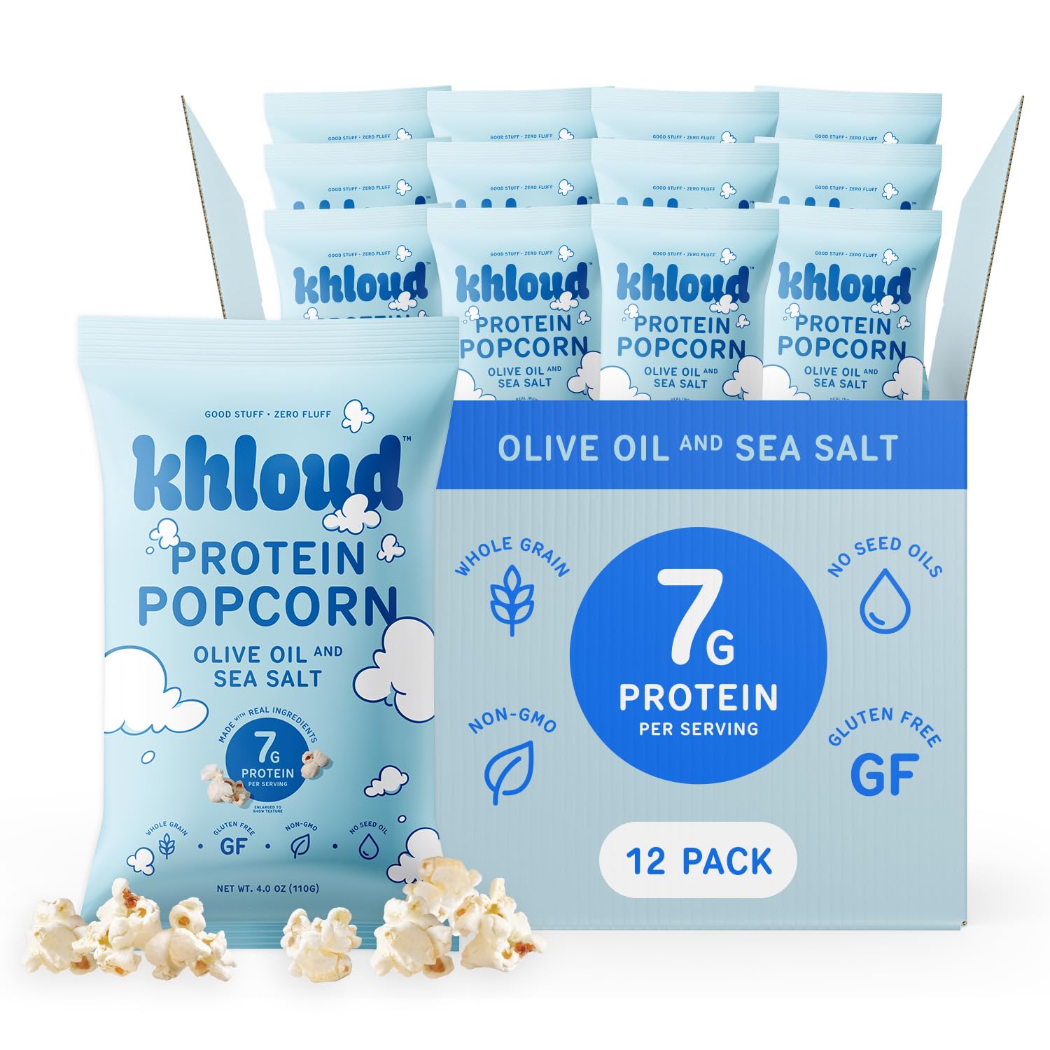 Khloud Protein Popcorn - Olive Oil & Sea Salt - 7g Protein Snacks for Adults & Kids - Flavored Popcorn Made with Real Ingredient